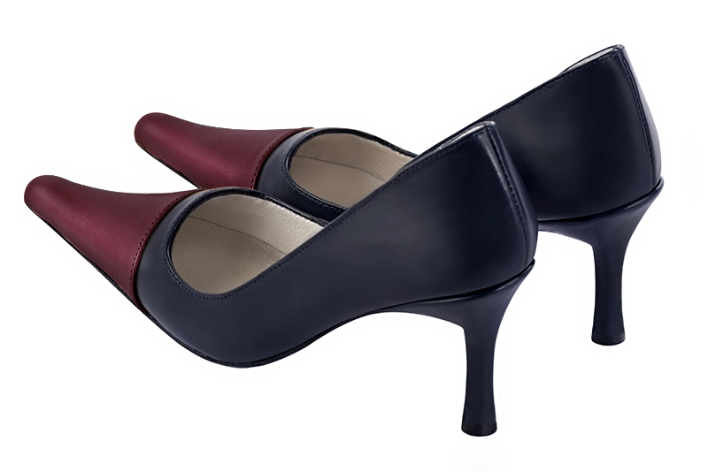 Burgundy red and navy blue women's dress pumps,with a square neckline. Pointed toe. High slim heel. Rear view - Florence KOOIJMAN